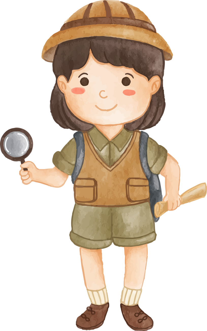 Girl scout with hiking suit look through magnifying glass . Realistic watercolor painting .