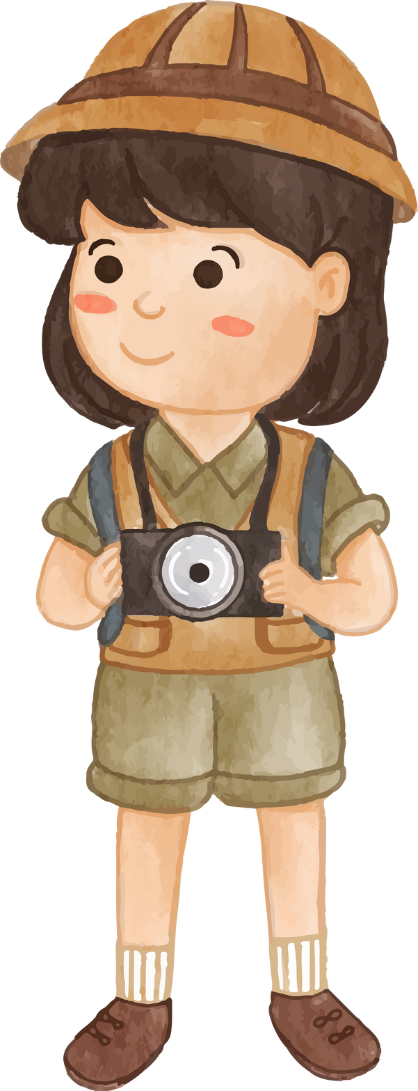 Girl scout with hiking suit hold camera . Realistic watercolor painting .