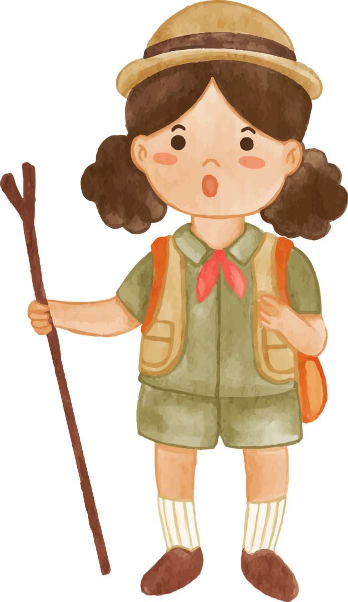 Girl scout with hiking suit hold scout stave . Realistic watercolor painting .