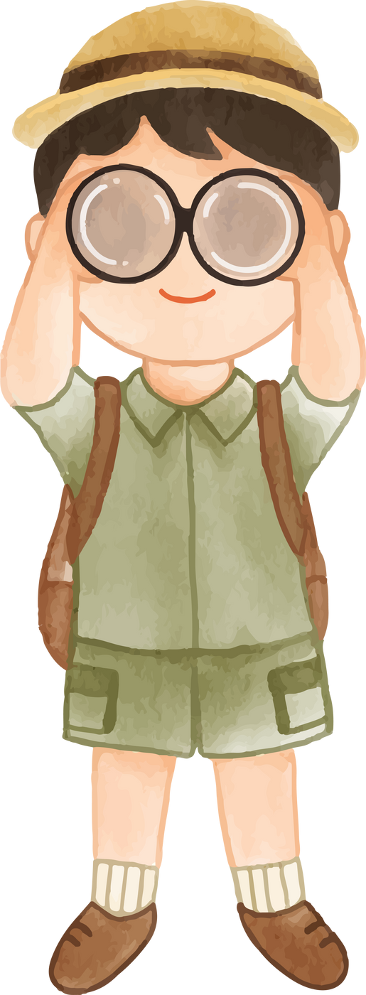 Boy scout with hiking suit look through binoculars . Realistic watercolor painting .