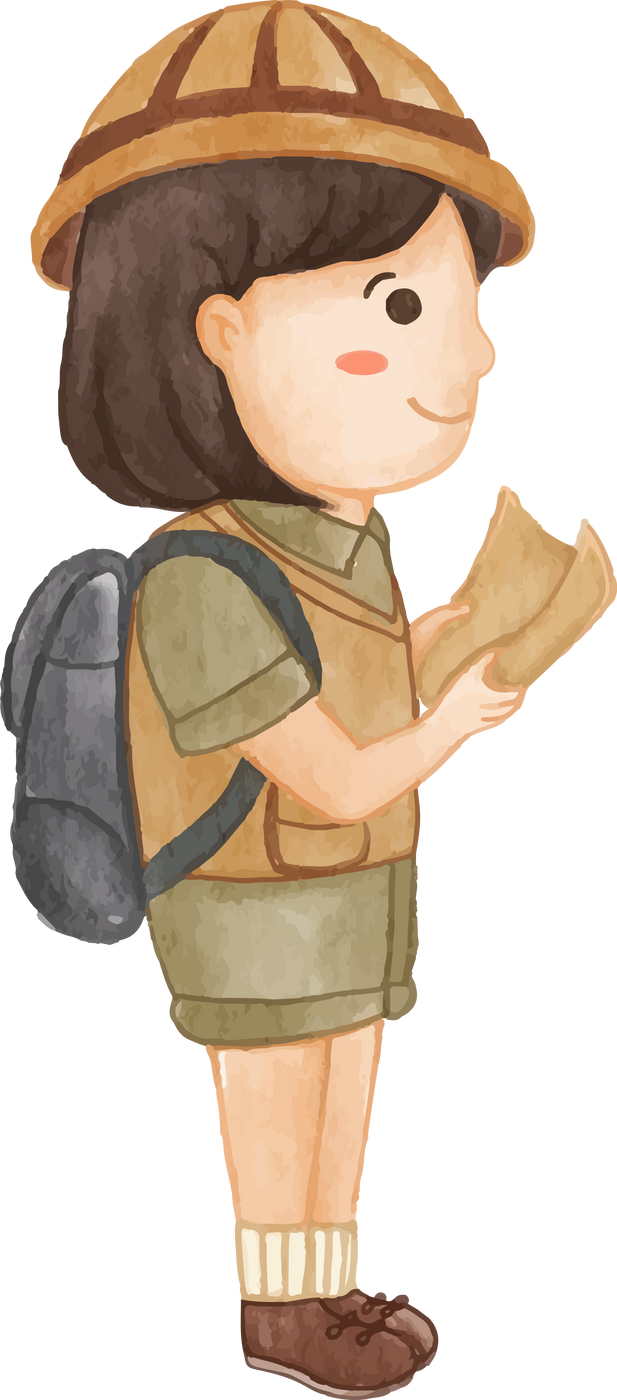Girl scout with hiking suit hold map . Realistic watercolor painting .