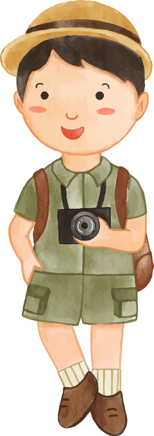 Boy scout with hiking suit hold camera . Realistic watercolor painting .