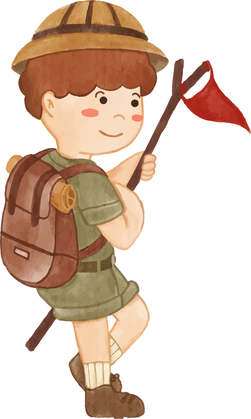 Boy scout with hiking suit hold flag stick . Realistic watercolor painting .