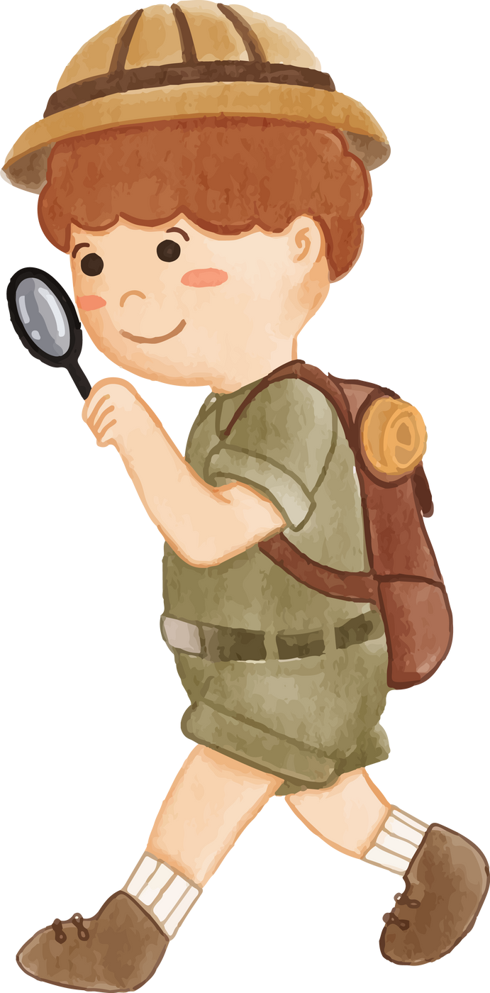 Boy scout with hiking suit look through magnifying glass . Realistic watercolor painting .