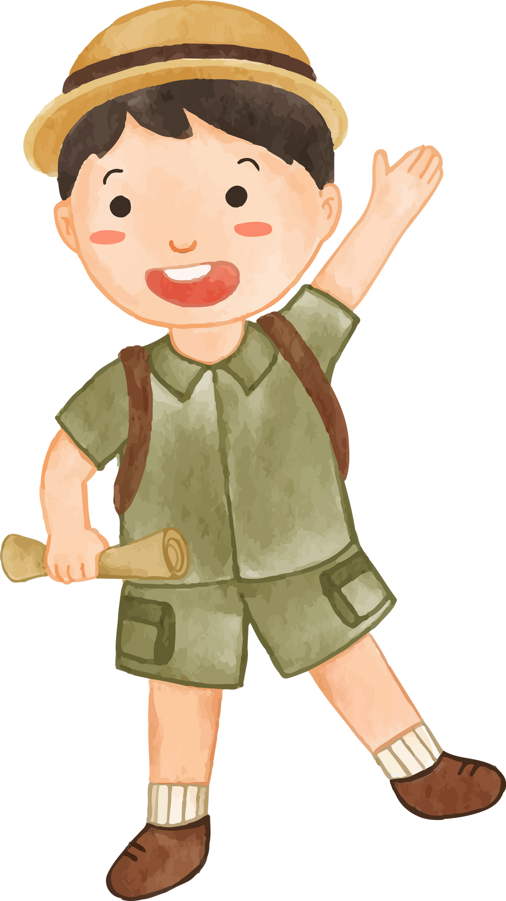 Boy scout with hiking suit hold map and wave the hand . Realistic watercolor painting .