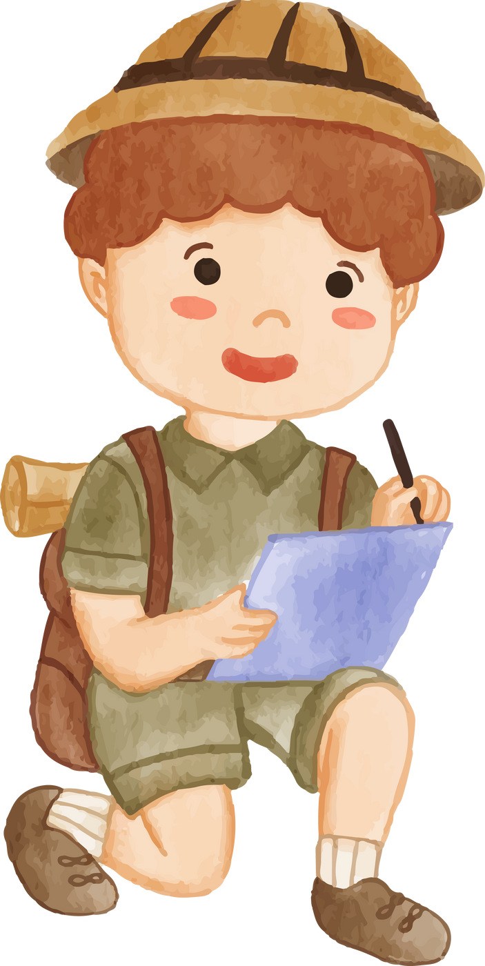Boy scout with hiking suit is take note on paper . Realistic watercolor painting .