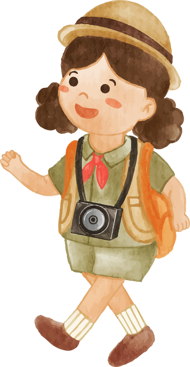 Girl scout with hiking suit hold camera . Realistic watercolor painting .