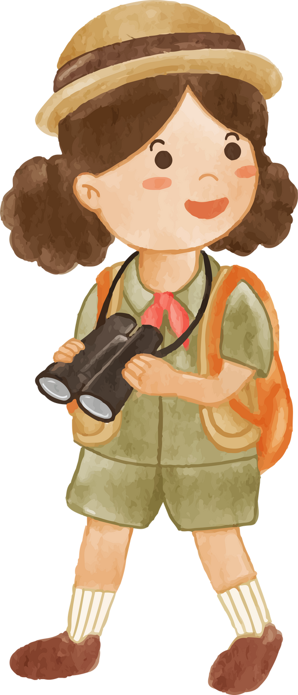 Girl scout with hiking suit look through binoculars . Realistic watercolor painting .